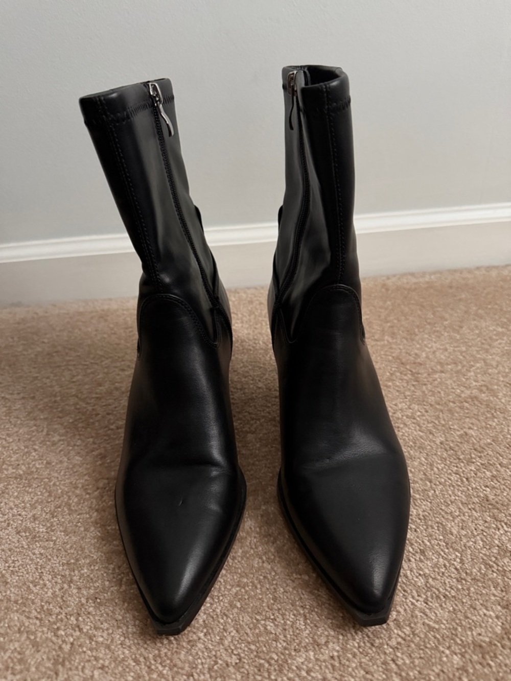 Classic Black Pointed Leather Mid-Calf Heeled Boots